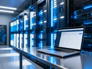 Nowoczesne stanowisko pracy z laptopem, na którego ekranie widać przejrzysty formularz internetowy.