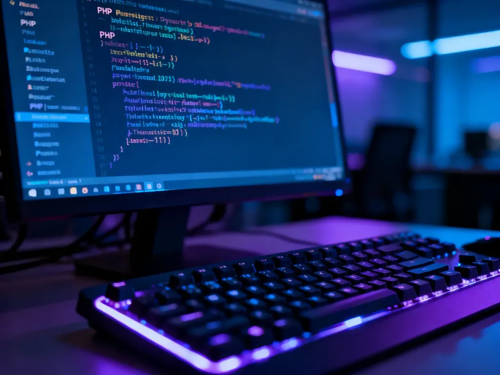 Zbliżenie na kod PHP wyświetlony na monitorze oraz podświetlaną klawiaturę mechaniczną w nowoczesnym biurze.