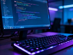 Nowoczesny laptop z otwartym edytorem kodu PHP na ekranie, symbolizujący proces konfiguracji plików w WordPressie.