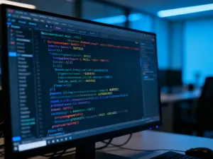 Nowoczesne stanowisko pracy z laptopem wyświetlającym kod, symbolizujące proces instalacji serwera WordPress.