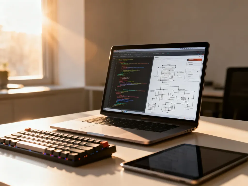 Profesjonalne stanowisko programisty z laptopem wyświetlającym kod strony i schematy architektury podczas przygotowań do zmian.