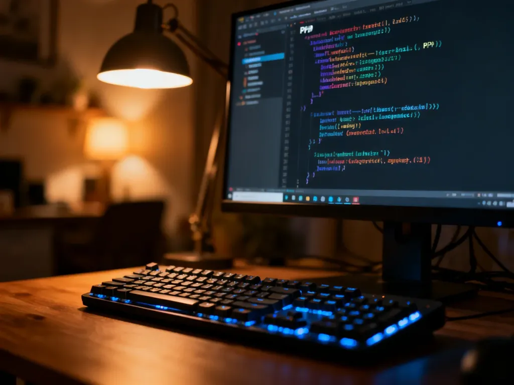 Edytor kodu z otwartym plikiem PHP wyświetlony na ekranie komputera w przytulnym domowym biurze.