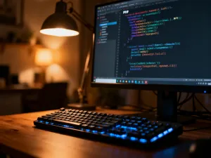 Nowoczesny laptop z otwartym panelem WordPress, słuchawkami i myszką na biurku w słonecznym biurze.