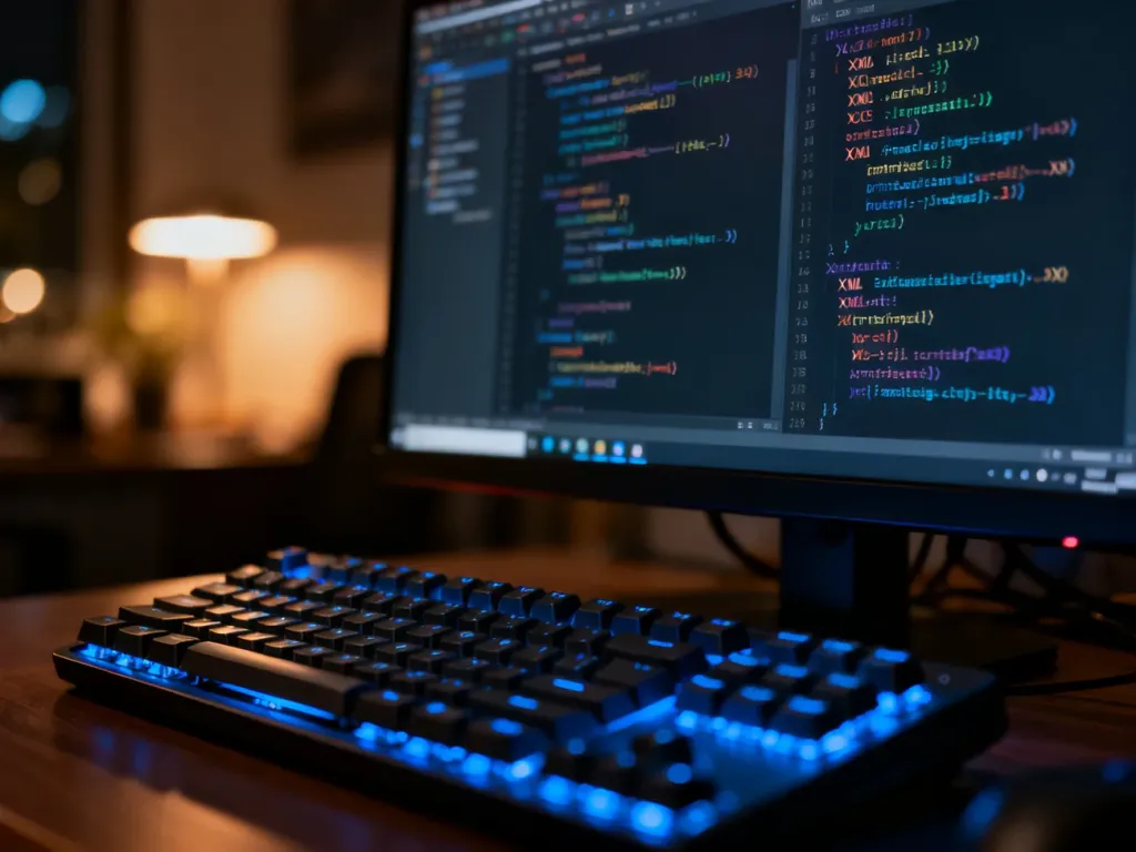 Monitor z wyświetlonym kodem XML i edytorem w trybie ciemnym, podkreślający techniczny aspekt konfiguracji WordPressa.