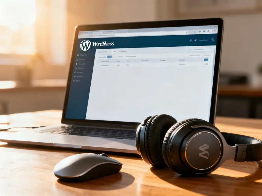 Nowoczesny laptop z otwartym panelem WordPress, słuchawkami i myszką na biurku w słonecznym biurze.