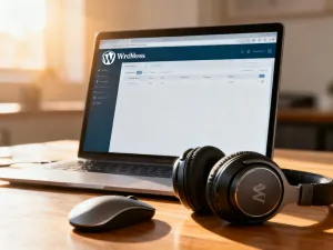 Ekran laptopa z wyświetlonym błędem połączenia z bazą danych w przyciemnionym biurze, ilustrujący problemy techniczne WordPressa.