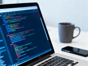 Laptop na biurku z wyświetloną responsywną tabelą danych, pokazujący poprawny układ strony na ekranie.