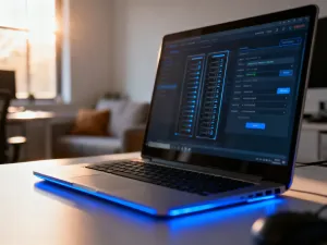 Nowoczesny serwer z wizualizacją szybkiego przesyłu danych, symbolizujący optymalizację wydajności strony internetowej.