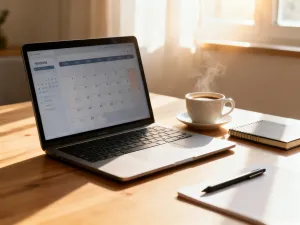 Minimalistyczny monitor z ikoną trybu konserwacji w nowoczesnym biurze, symbolizujący prace techniczne na stronie WordPress.