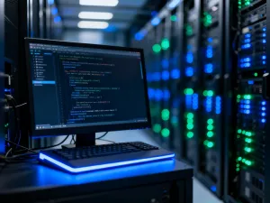 Ekran komputera z powiadomieniem o dostępnej aktualizacji motywu w minimalistycznym interfejsie programistycznym.