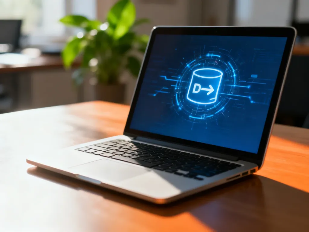 Nowoczesny laptop na drewnianym biurku z ikoną synchronizacji danych, symbolizujący proces tworzenia kopii zapasowej strony.