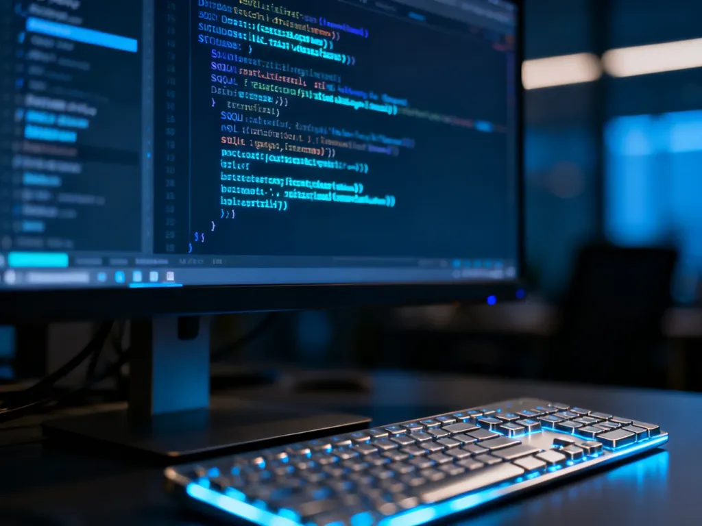 Monitor z podświetlonym kodem SQL i zapytaniami bazodanowymi, wyświetlany na tle nowoczesnego stanowiska pracy.