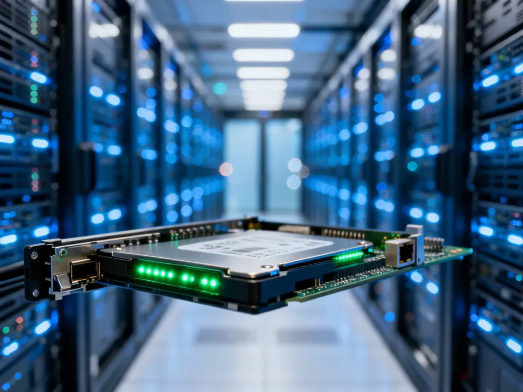 Nowoczesna serwerownia z widocznym dyskiem SSD, symbolizująca szybkość i wydajność hostingu dla WordPressa.