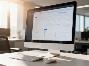 Nowoczesne stanowisko pracy z monitorem wyświetlającym edytor stron internetowych w WordPressie.