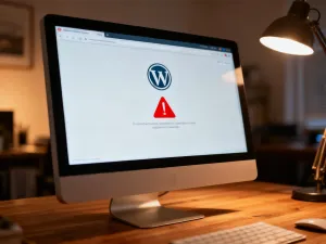 Ekran laptopa z otwartym interfejsem klienta FTP, służącym do konfiguracji połączenia z serwerem WordPress.