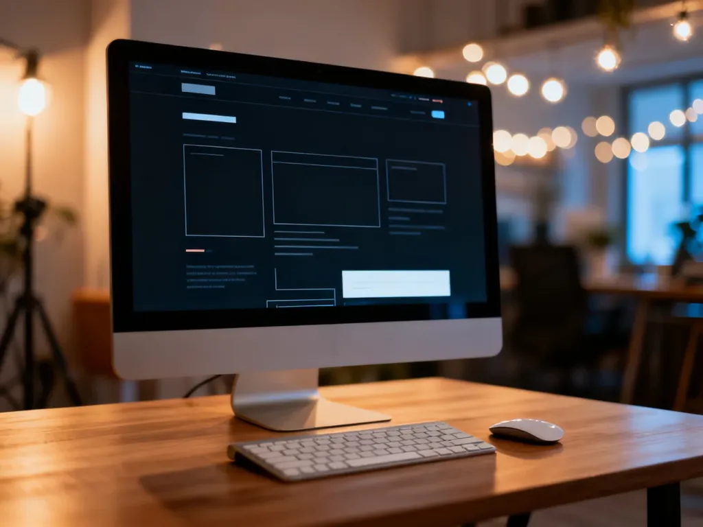 Minimalistyczne stanowisko pracy z monitorem wyświetlającym projekt strony internetowej na drewnianym biurku.
