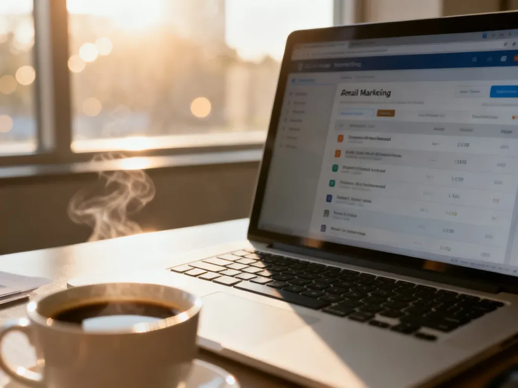 Nowoczesne stanowisko pracy z laptopem wyświetlającym pulpit nawigacyjny do e-mail marketingu przy filiżance kawy.