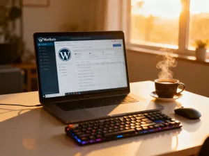 Minimalistyczna klawiatura z wyróżnionym klawiszem „A11y” w jasnym, nowoczesnym biurze, symbolizująca dostępność cyfrową.