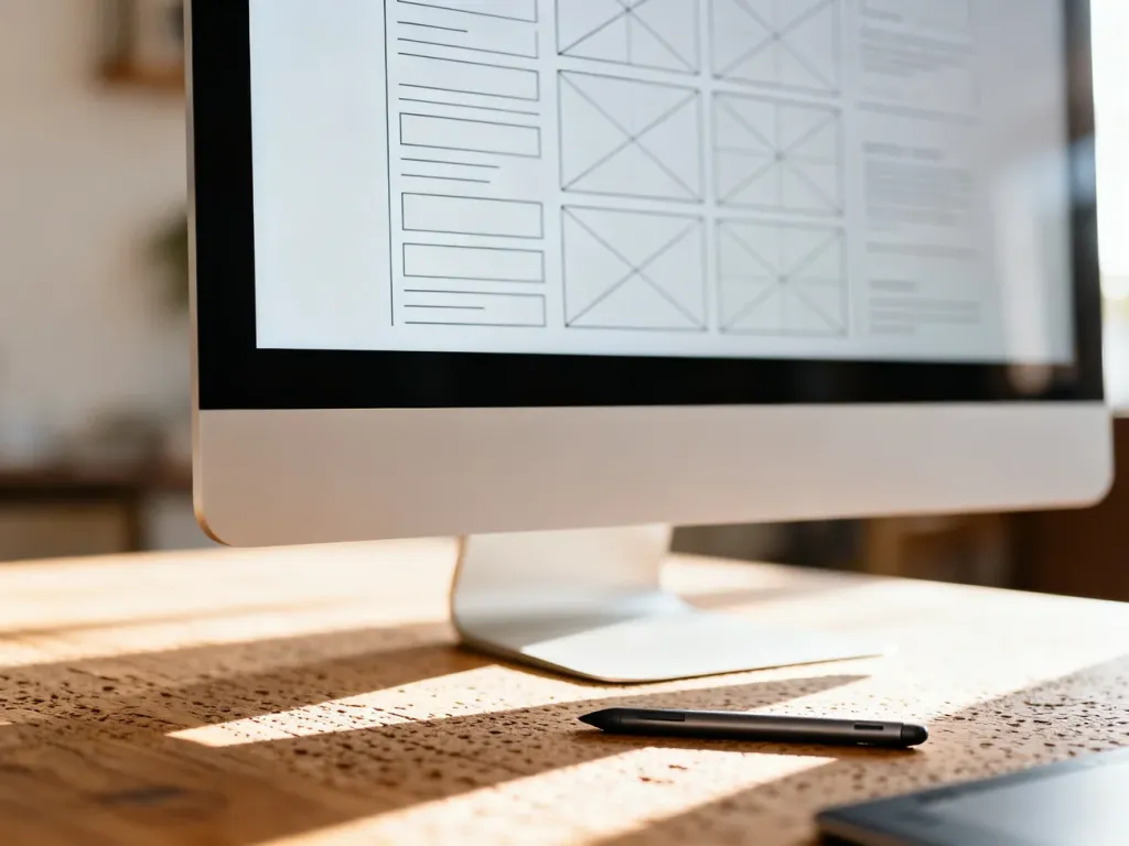Minimalistyczne stanowisko pracy z monitorem wyświetlającym siatkę projektową i wzorce stron internetowych.
