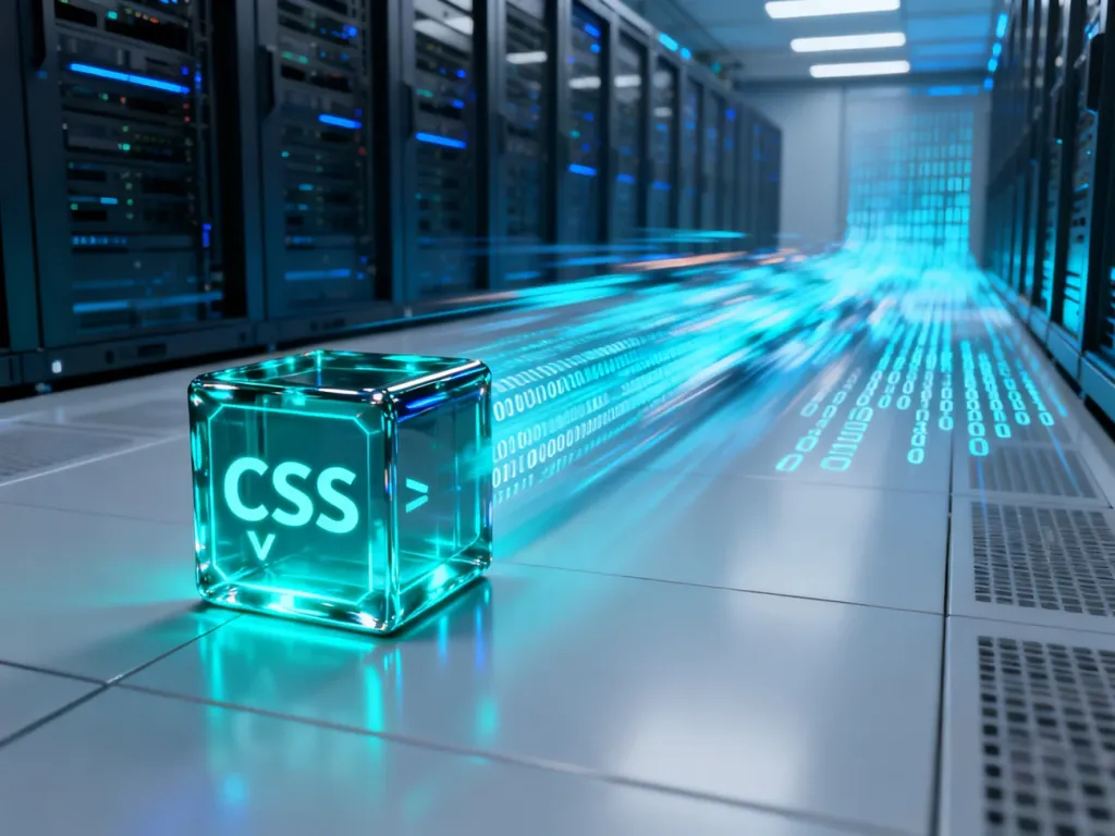 Cyfrowa wizualizacja kompresji kodu CSS w nowoczesnym serwerze, symbolizująca optymalizację szybkości strony internetowej.