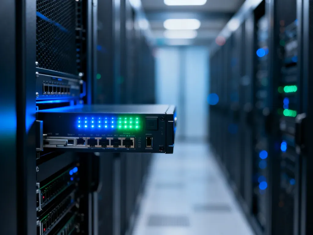 Nowoczesna serwerownia z aktywnymi diodami LED, symbolizująca bezpieczne przechowywanie danych i profesjonalny backup.