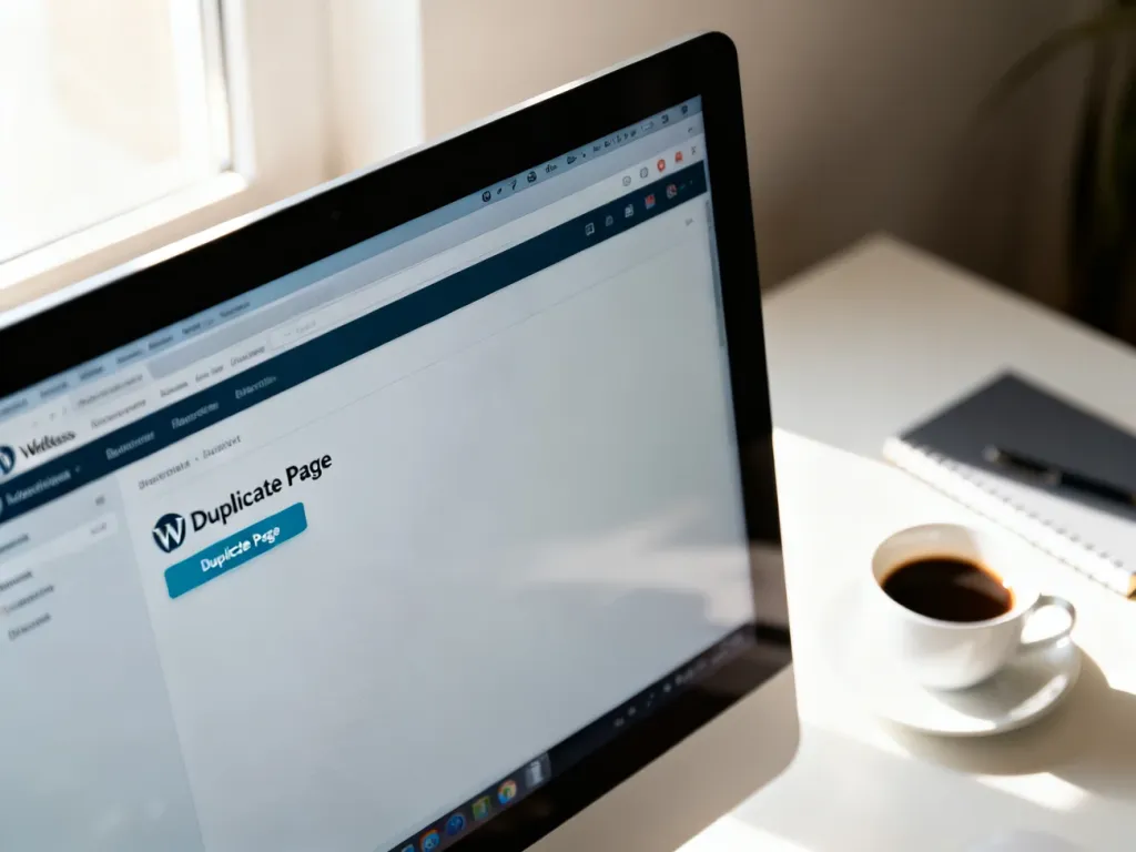 Ekran komputera z widocznym panelem WordPress i podświetlonym przyciskiem do duplikowania stron w profesjonalnym biurze.