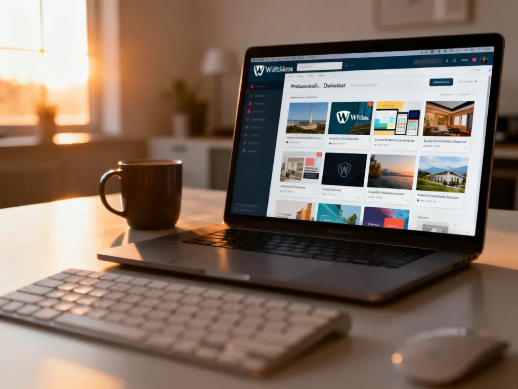 Ekran laptopa z otwartym panelem WordPress i widocznymi miniaturami różnych motywów graficznych w minimalistycznym biurze.