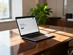 Nowoczesne stanowisko pracy z laptopem i kawą, sprzyjające konfiguracji środowiska programistycznego.