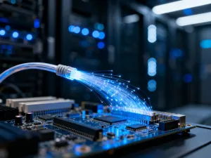 Cyfrowa ikona folderu przesyłanego między serwerami, symbolizująca proces migracji strony internetowej.