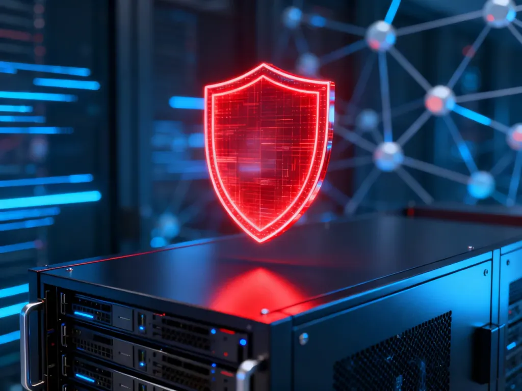 Świecąca czerwona tarcza nad serwerem, symbolizująca ochronę przed atakami typu brute force w systemie WordPress.