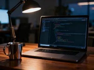 Ekran komputera z powiadomieniem o dostępnej aktualizacji motywu w minimalistycznym interfejsie programistycznym.