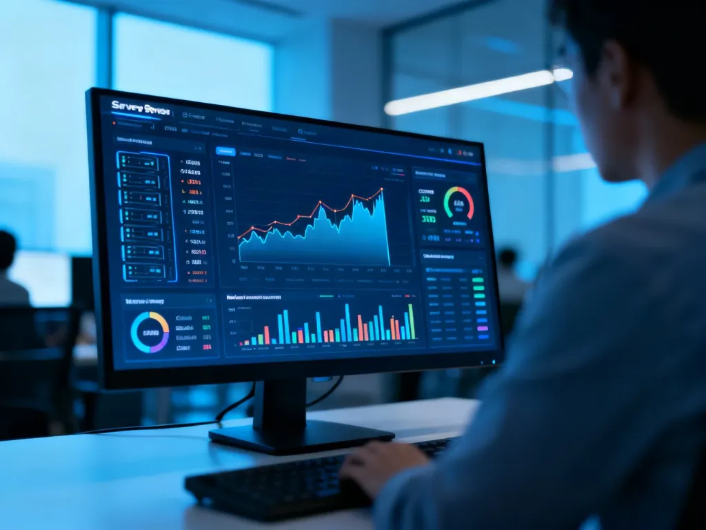 Monitor komputerowy wyświetlający wykresy wydajności serwera, zużycia procesora oraz szybkości ładowania strony WordPress.