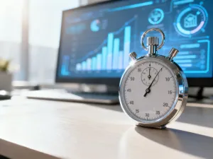 Laptop na biurku z wyświetloną responsywną tabelą danych, pokazujący poprawny układ strony na ekranie.